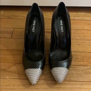 Nine West Black Leather Heels with Silver Toes